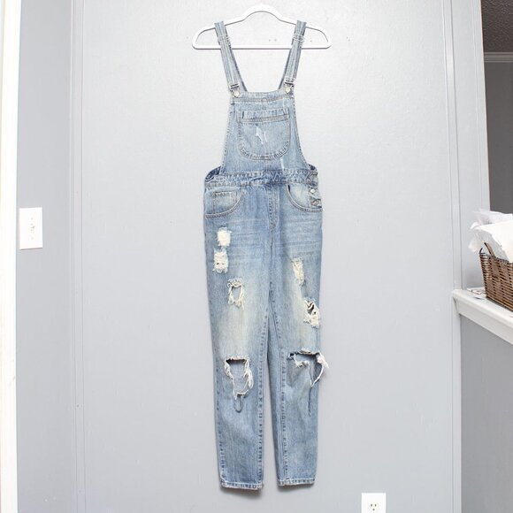 Forever 21 cotton distressed light wash denim overalls - Picture 1 of 5
